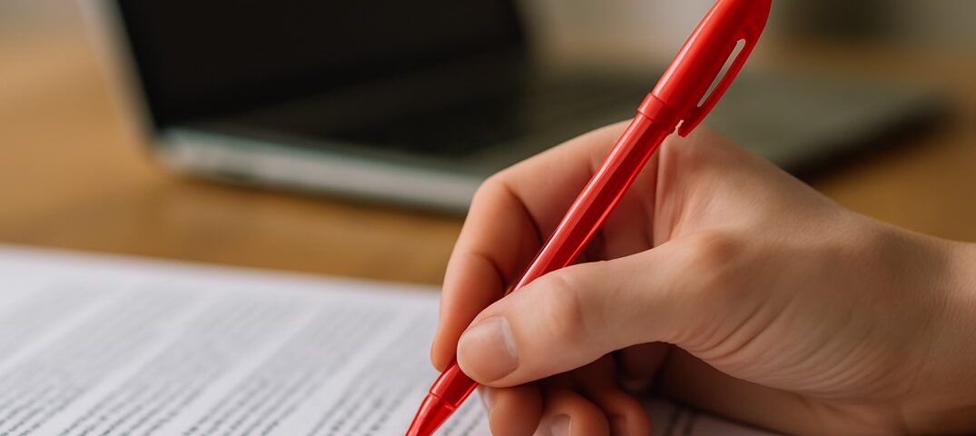An image of a book editor holding red pen over blurred paperwork and laptop.