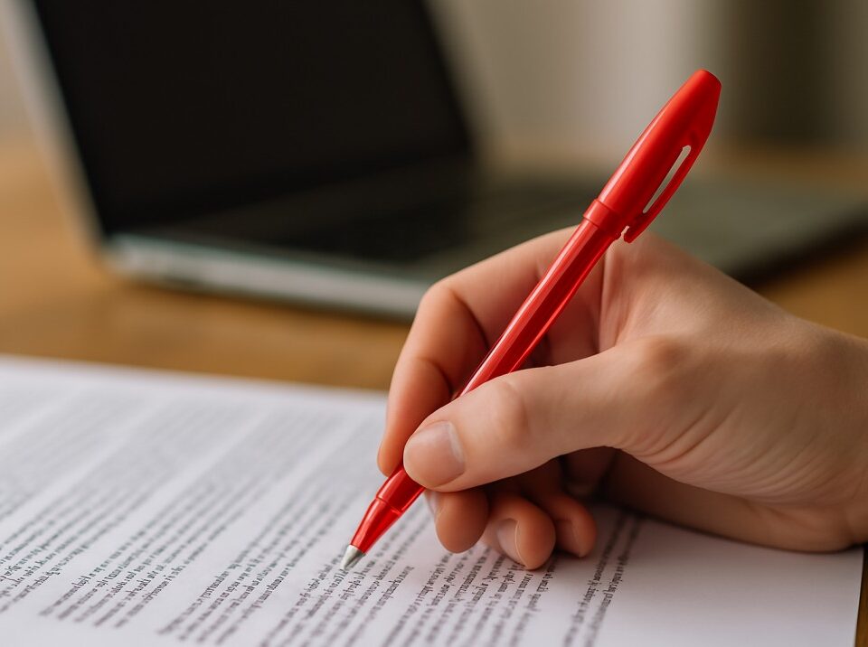 An image of a book editor holding red pen over blurred paperwork and laptop.
